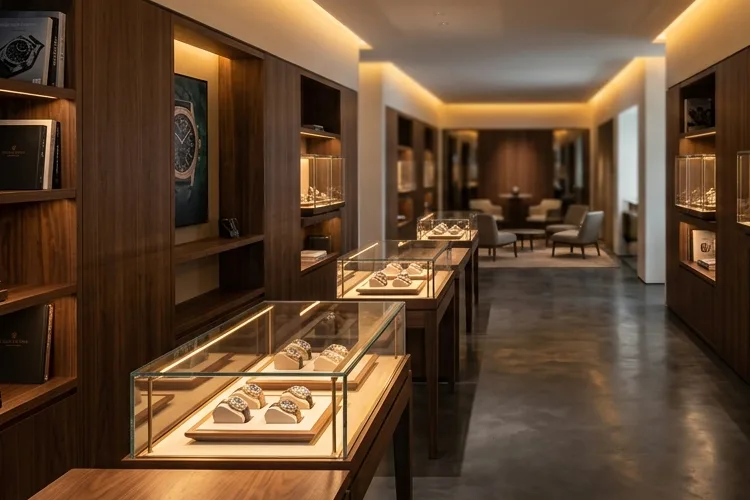 Curated luxury watches and handbags on display